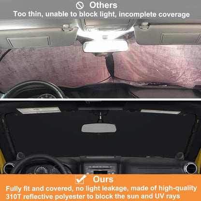Windshield Sun Shade for Jeep Wrangler JK 2007-2018, Foldable Heat Shield with UV Protection, Custom Fit for 2/4 Door Models, Car Window Visor Accessories