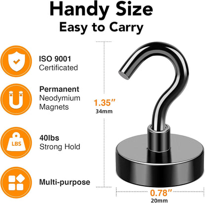 MIKEDE Magnetic Hooks, 40LB+ Heavy Duty Magnet Hooks for Cruise Cabins, Super Neodymium Hanging Hooks Black Strong Magnets with Hook for Fridge, Magnetic Hanger for Grill, Toolbox - Pack of 4
