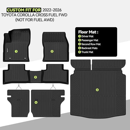 Tongama-Floor Mats for 2022-2026 Toyota Corolla Cross Fuel FWD(Not for Fuel AWD), All Weather TPE Floor Liners and Trunk Mat and Backrest Mats Protectors for Corolla Cross Accessories