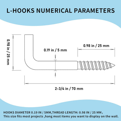 304 Stainless Steel M5 Screw-in Hooks 60 Pcs,7 Shape Screw Hooks,Right Angle Medal Hooks l Shaped Screw in Hooks for Hanging