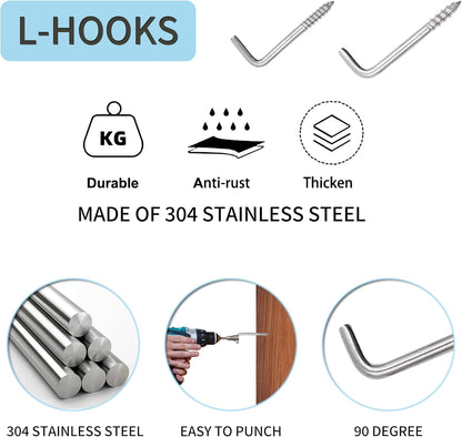 304 Stainless Steel M5 Screw-in Hooks 60 Pcs,7 Shape Screw Hooks,Right Angle Medal Hooks l Shaped Screw in Hooks for Hanging