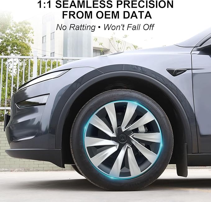 19 Inch Wheel Covers for Tesla Model Y Juniper 2025 2026, 4PCS Spiral Hubcaps Wheel Rim Protectors with Center Caps for Model Y Juniper Accessories, Seamless Fit, Sporty Style, Silver & Black