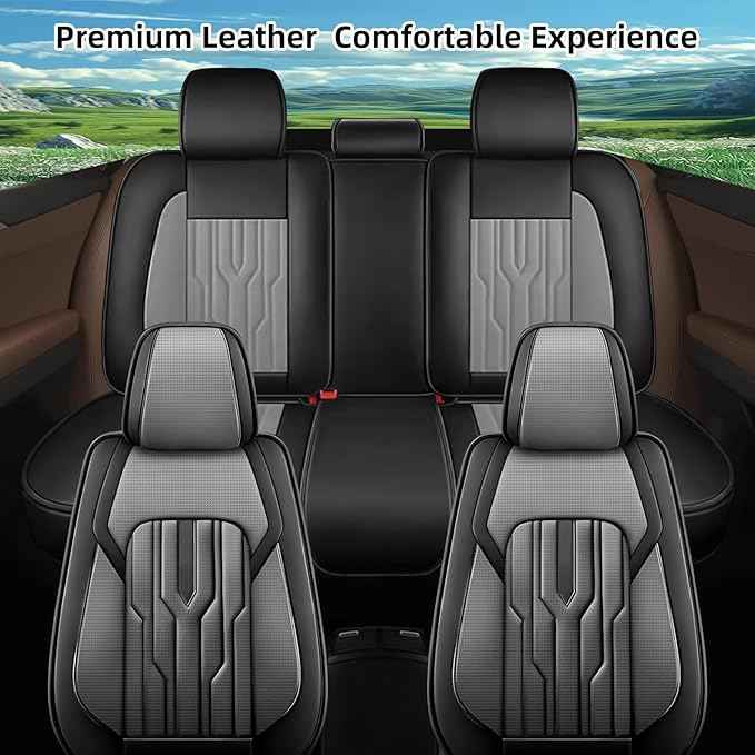 YORKNEIC Fit for Cadillac ATS Seat Covers Full Set 2013-2018: 5 Seats Waterproof Leather Car Seat Covers Protector (5 Full Seat, Black & Grey)