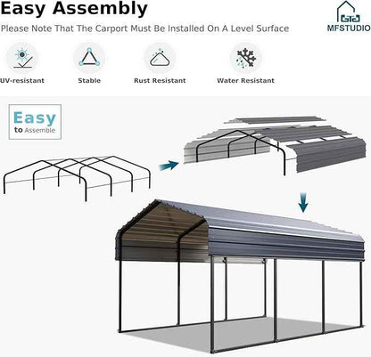 MFSTUDIO Carport 10x15 ft, Outdoor Heavy Duty Metal Shed Carports, Metal Garage Car Shelter Shade Car Port with Galvanized Roof, Frame and Bolts for Cars, Truck and Boats