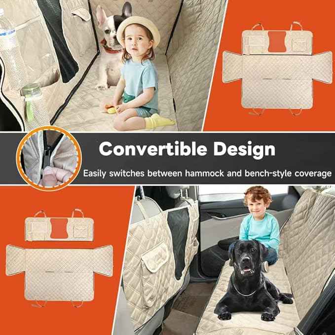 Dog Car Seat Cover for Back Seat, Dog Hammock for Car, Waterproof Backseat Cover for Dogs in Car SUV & Truck, with Mesh Window and Multiple Pockets