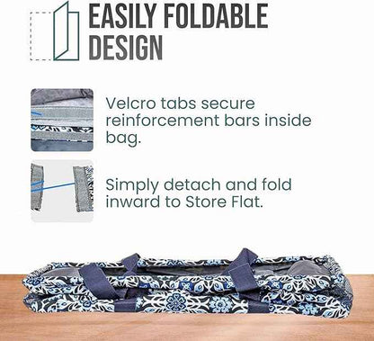 Extra Large Utility Tote Bag - Oversized Collapsible Reusable Wire Frame Rectangular Canvas Basket With Two Exterior Pockets For Beach, Pool, Laundry, Car Trunk, Storage - Blue Snowflake