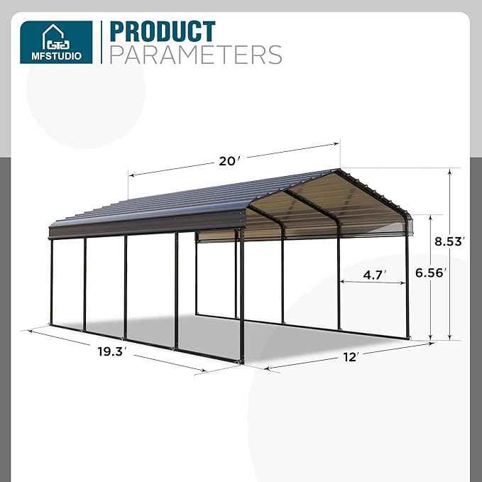 MFSTUDIO Carport 12x20 ft, Outdoor Heavy Duty Metal Shed Carports, Metal Garage Car Shelter Shade Car Port with Galvanized Roof, Frame and Bolts for Cars, Truck and Boats