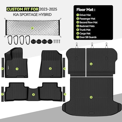 Tongama-Floor Mats for 2023-2025 Kia Sportage Hybrid, All Weather TPE Trunk Mat and Backrest Mats Protector and Cargo Net and Door Sill Guards for Kia Sportage Floor Liner Accessories