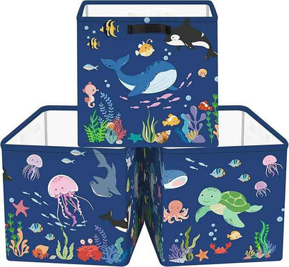 Clastyle 3 pcs Ocean Animals Cube Storage Unit Bin with Metal Frame Foldable Kallax Box for Shelves Parents Closet Organizer Basket for Book Clothes Toy Organizer, Blue, 11.8x11.8x11.8 in