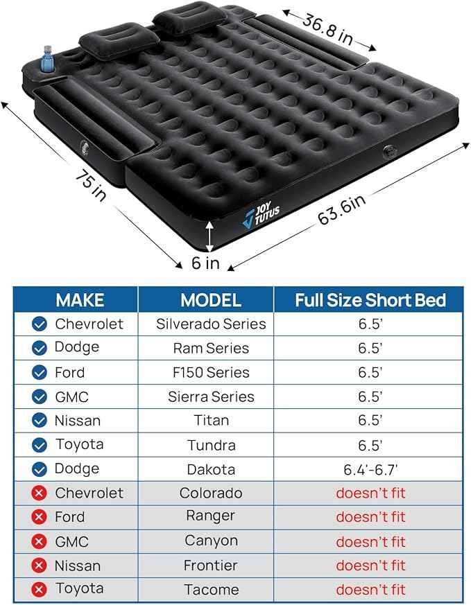 JOYTUTUS Truck Bed Air Mattress for 6.4-6.7Ft, Full Size Regular Beds for Pickup Outdoor Camping, Truck Tent Accessories with Carry Bag & Cup Holder & Cavity Design, Black