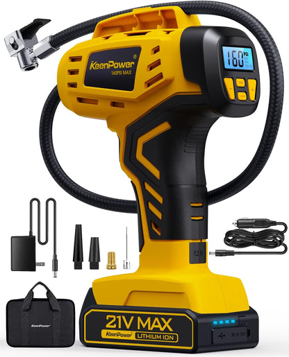 Tire Inflator Portable Air Compressor - 2X Faster - 21V Rechargeable Battery Powered Handheld 160PSI Tire Inflator, Dual Power Supply Modes, Air Pump for Car Motorcycle E-Bike