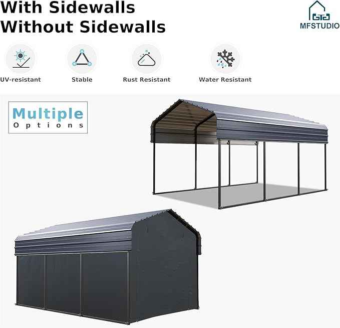 MFSTUDIO Carport 10x15 ft, Outdoor Heavy Duty Carports with Sidewalls, Metal Car Port Shed Shelters Garage Shelter Shade Car Ports with Galvanized Roof for 2 Cars, Truck and Boats ﻿