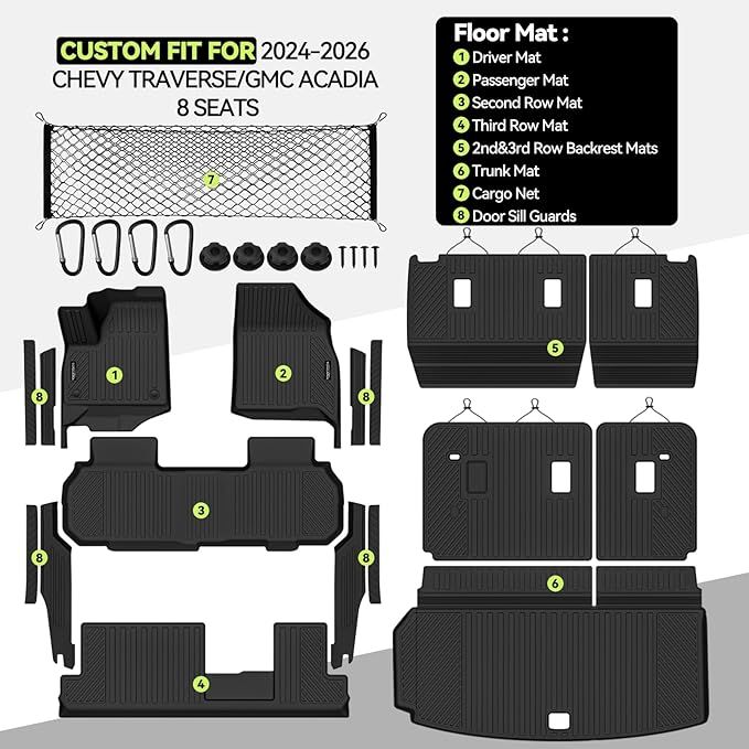 Tongama-Floor Mats for 2024-2026 Chevy Traverse/GMC Acadia 8 Seat with Bench Seats, All Weather TPE Trunk Mat & 2nd/3rd Row Backrest Mats & Cargo Net & Full Coverage Door Sill Guards Kit