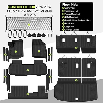 Tongama-Floor Mats for 2024-2026 Chevy Traverse/GMC Acadia 8 Seat with Bench Seats, All Weather TPE Trunk Mat & 2nd/3rd Row Backrest Mats & Cargo Net & Full Coverage Door Sill Guards Kit