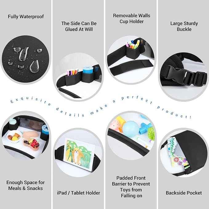 COOLBEBE Kids Travel Tray for Toddler Car Seat, Travel Tray for Airplane, Toddler Car Seat Lap Tray, Carseat Table Tray for Kids Travel Activities (Black -2PCS)