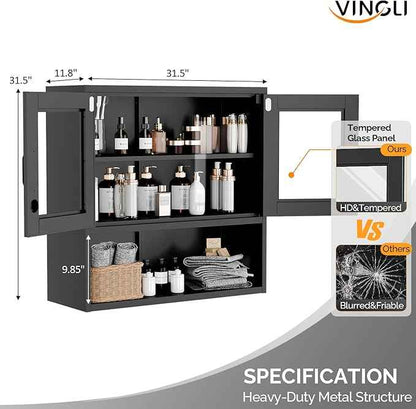 VINGLI Metal Wall Cabinet with Locking Glass Doors, Adjustable Shelf, Wall Mounted Storage Display Cabinets for Garage, Kitchen, Home Office, Warehouse, Living Room, Black