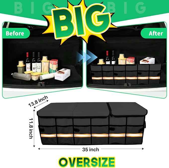 Trunk Organizer Cargo Organizer Trunk Storage Waterproof Collapsible Durable Multi Compartments-((Oversize,Black)