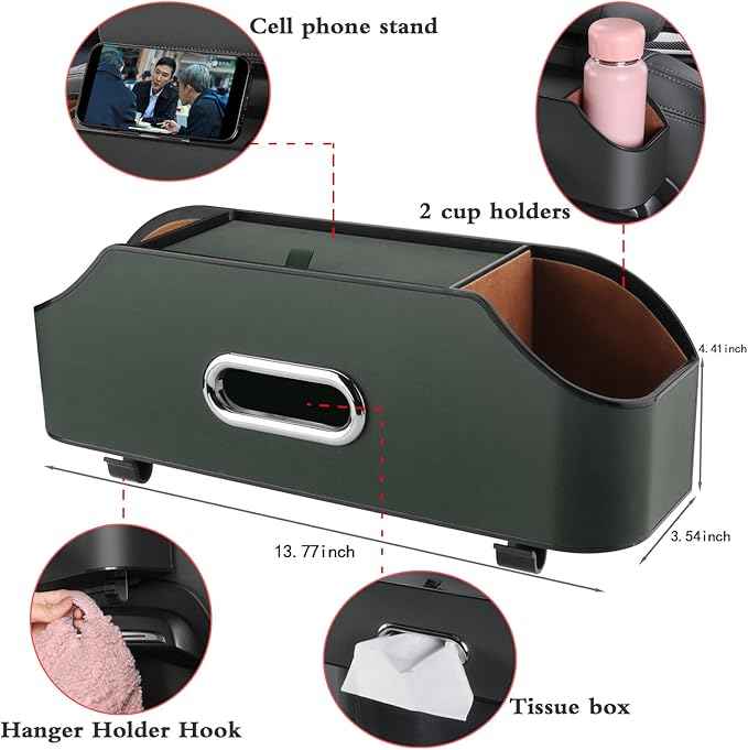 HOLDCY Car Back Seat Organizer with 2 Drink Cup Holder - Tissue Box and Storage Box Hook - Multi-functional Storage - Great for Kids and Travel (Green)