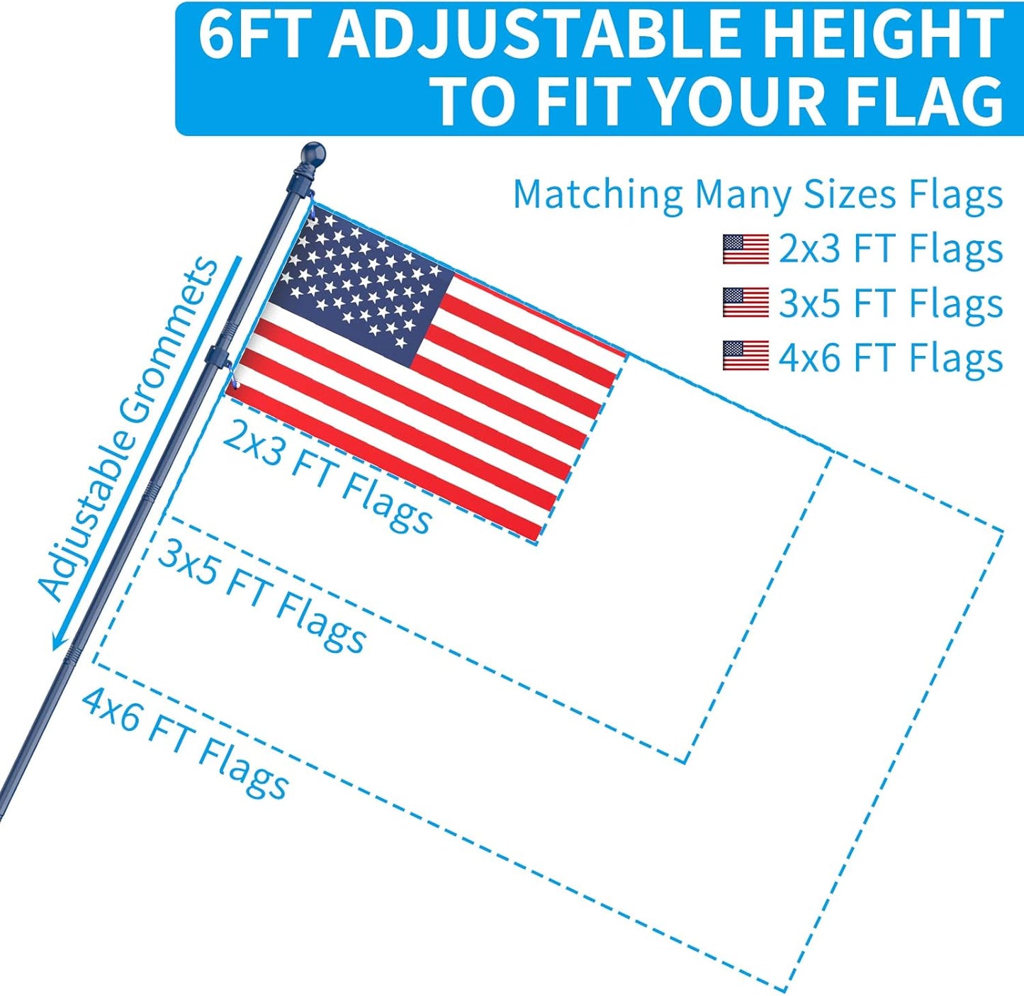 ZMTECH Flag Pole - Upgraded Bracket, 6 FT Stainless Steel Flag Poles for Outside House, Residential or Commerical, Tangle Free Flag Pole Kit for American Flag (without Flag, Blue)