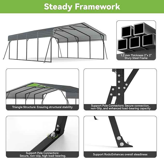 Heavy Duty Metal Carport, 20x20FT Carport Canopy with Galvanized Steel Roof and Reinforced Frame, 4 Support Rods, Outdoor Garage Car Shelter Shade for 2 Cars, Boats and Truck, Party, Gray