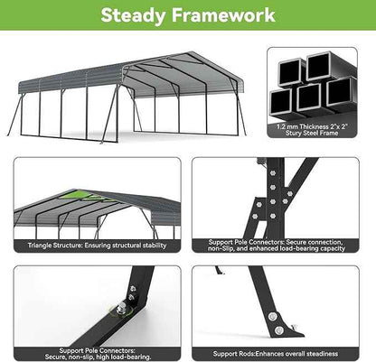 Heavy Duty Metal Carport, 20x20FT Carport Canopy with Galvanized Steel Roof and Reinforced Frame, 4 Support Rods, Outdoor Garage Car Shelter Shade for 2 Cars, Boats and Truck, Party, Gray