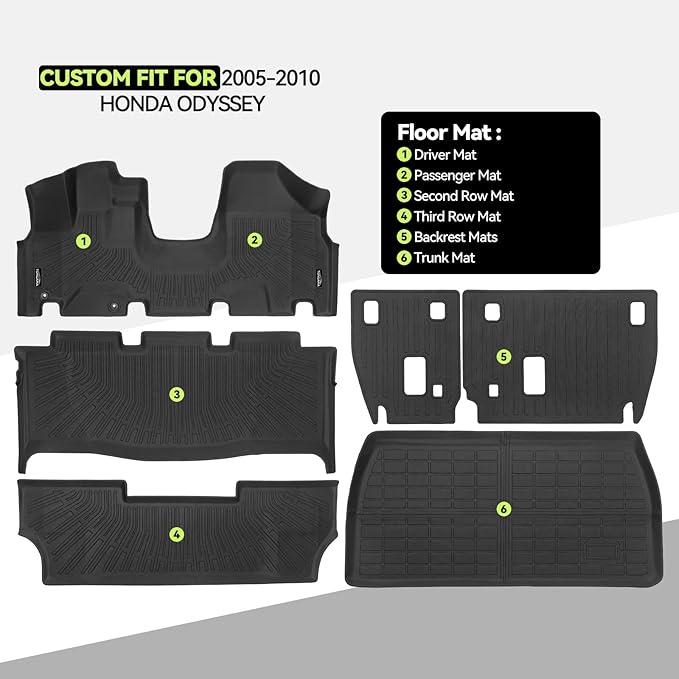 Tongama-Floor Mats for 2005-2010 Honda Odyssey, All Weather TPE Floor Liners & Trunk Mat & Backrest Mats Protectors for Honda Odyssey Interior Accessories