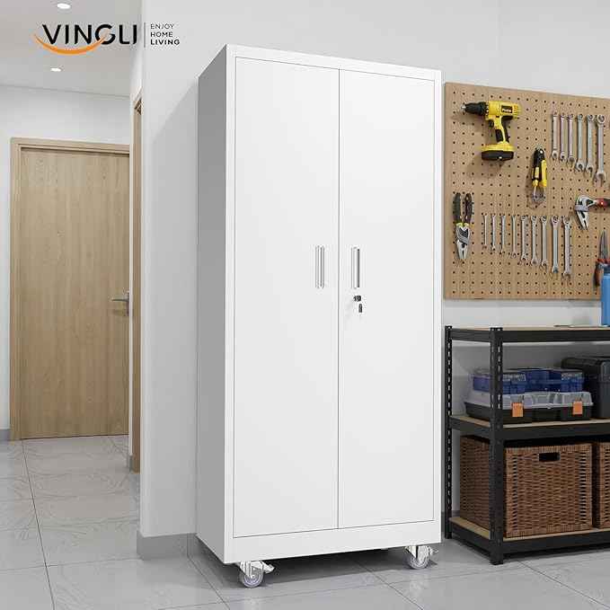 VINGLI Rolling Metal Storage Cabinet with Adjustable Shelves, 71'' Tall Garage Storage Cabinet with Wheels, Locking Tool Cabinets for Home Office Garage Gym School (White)