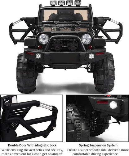 Costzon Ride On Car, 12V Battery Powered Electric Ride On Truck w/Parental Remote Control, LED Lights, Double Open Doors, Safety Belt, Music, MP3, Spring Suspension (Deluxe Black)