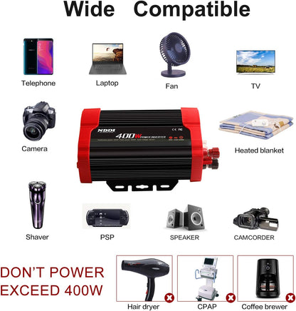 400W Car Power Inverter, DC 12V to 110V AC Converter with 2 Charger Outlets and Dual 3.1A USB Ports Cigarette Lighter Socket Adapter(Black)