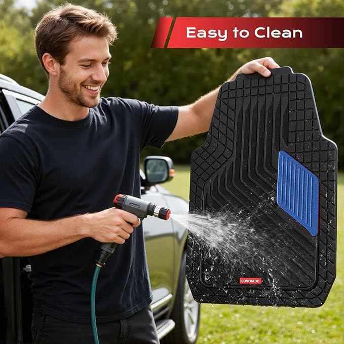 Coverado Car Floor Mats Full Set – Heavy-Duty PVC Floor Mats with Metallic Heel Pad, All-Weather Protection for Front & Rear, Non-Slip Backing, Easy-Clean Interior Liners，Blue