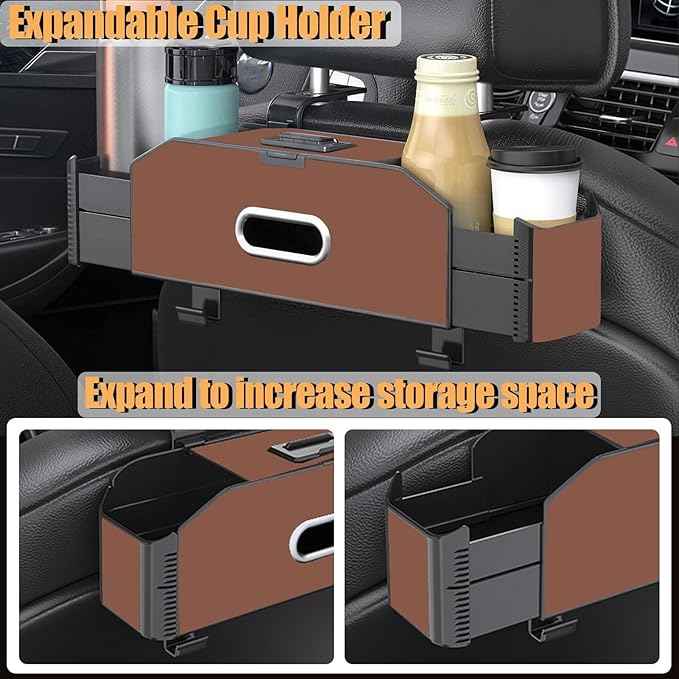Back Seat Car Organizer,5 in 1 Multifunctional Car Back Seat Storage Box with Trash Can Drink Cup Holder Tissue Box, for Hold Phone,Snacks, Drinks, Handbag-Brown