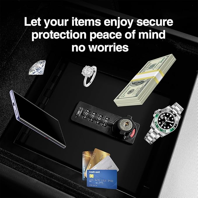 Fit 2025 2026 Tesla Model Y Juniper Center Console Gun Safe Vault For Tesla Model 3 Highland Armrest Lock Box Secure Vehicle Accessory with 4-digit Lock with Password Retrieval Key.