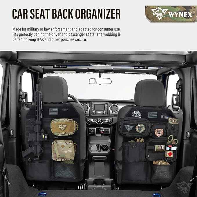WYNEX Car Seat Organizer, Molle Backseat Cover Organizer Protector with Sling Rack, Visual Pocket and Patch, Universal Vehicle Fits for F150, Jeeps, Pickups & Trucks for Road Trips