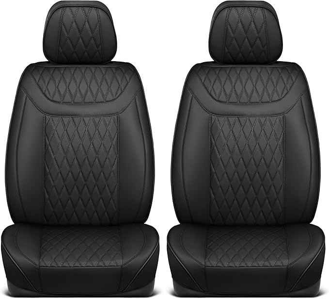 Car Seat Covers – Ranch Leatherette Faux Leather Black Seat Covers for Car – Diamond Stitched Cushioned Interior Protectors for Automotive Accessories, Trucks, SUV, Cars – Two Front Covers