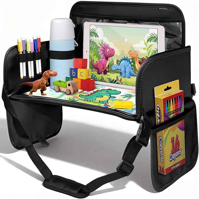 Leather Kids Travel Tray for Car - Car Seat Tray for Kids Travel, Road Trip Essentials, Carseat Table for Roadtrip Activities - Must Have Toddler Lap Desk Organizer for Airplane (Black)