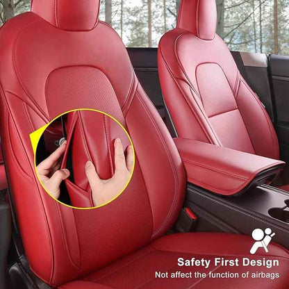 Tesla Model Y Car Seat Covers Nappa Leather Car Interior Seat Airbag Compatible Cushion Cover Full Set Custom Fit 2024 2023 2022 2021 2020, Nappa Wine Red