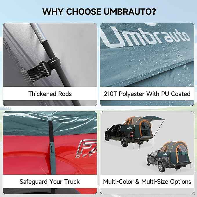 Truck Bed Tent with Awning 5.5' ~ 5.8' Easy Set Up Umburato Pickup Truck Tents for Camping, Waterproof, for 2-3 Person, Chevy, Dodge, Ford, GMC, Navy Blue & Lime