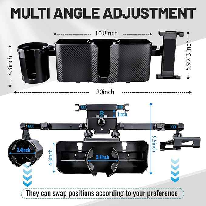 3-in-1 Car Back Seat Organizer Headrest Mount - Adjustable Storage Box with Cup Holder & Tablet Phone Holder for 5-13 Inch Devices, Fits Headrest Posts 0.6in Diameter & 4.2-5.7in Spacing