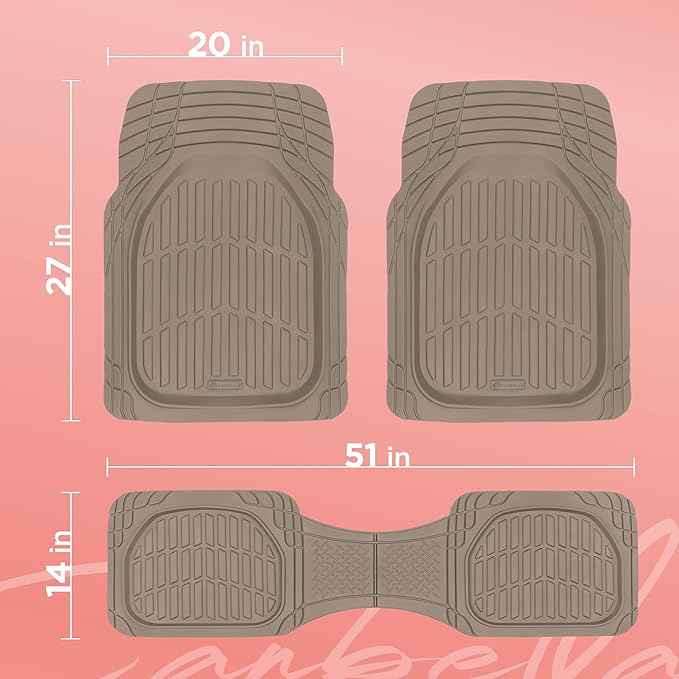 CARBELLA Heavy Duty Rubber 4-Piece Beige Car Floor Mats - Universal Trimmable All-Weather Car Accessories - Girl Car Accessories for Women & Cute Car Mats for Women for Girly Car Decor, Truck, & SUV