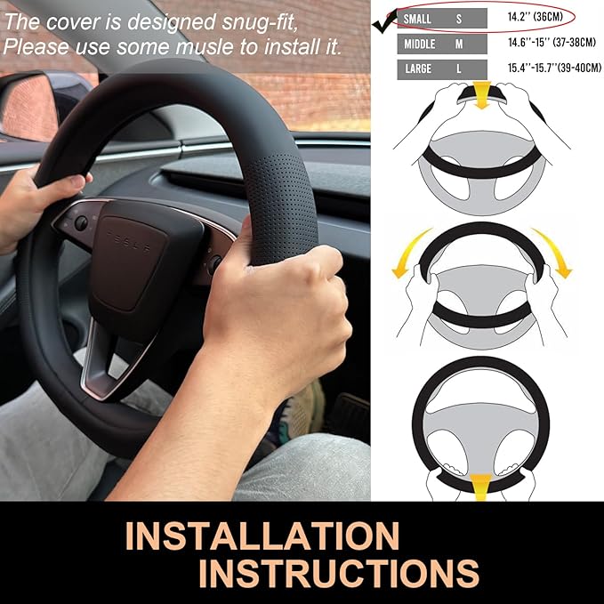 PINCTROT Nappa Leather Steering Wheel Cover for Tesla Model Y/3 Highland/Juniper, D Shaped 14 Inch Small Sized with Breathable Perforation, Fit Like Gloves, Flat Bottom 14 Inch(Nappa Black)
