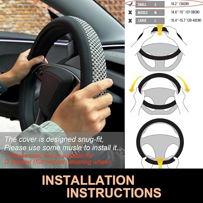PINCTROT Bling Comfy Steering Wheel Cover for Tesla Model Y/3 Highland/Juniper, D Shaped 14 Inch Small Sized with Jumbo Crystal Rhinestones, Flat Bottom with Anti-Slip Diamond Leather (Black)
