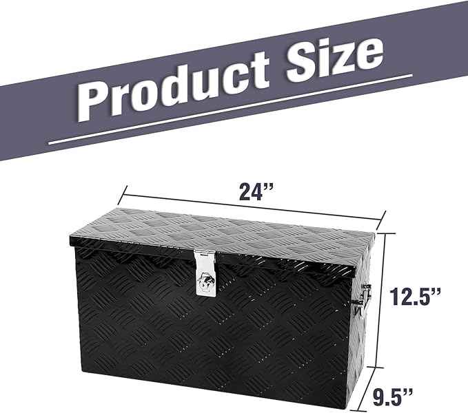 24 Inch Black Aluminum Tool Box 5 Bar Tread ToolBox for Truck Bed Car Outdoor Trailer Pickup Underbody RV ATV Storage Underbed Tools Organizer with Side Handle and Lock (24"X9.5"X12.5")