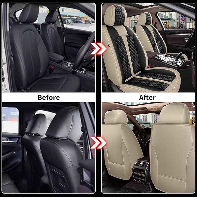 Car Seat Covers for 2 Front Seat Fit for Chevy Equinox 2011-2024 2025 2026: Auto Interior Accessories, Waterproof Faux Leather Vehical Car Seat Cushions Cover Beige&Black 2 PCS Front Only