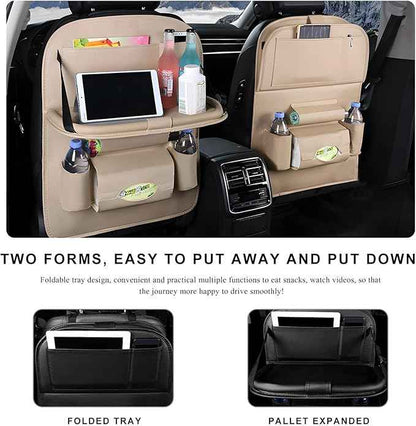 2PCS Car Backseat Organizer, Leather Multi-Pocket Seat Back Protector with Foldable Table Tray, Multifunctional Vehicle Storage Organizer Kick Mat for Kids Toddler Travel (Beige)
