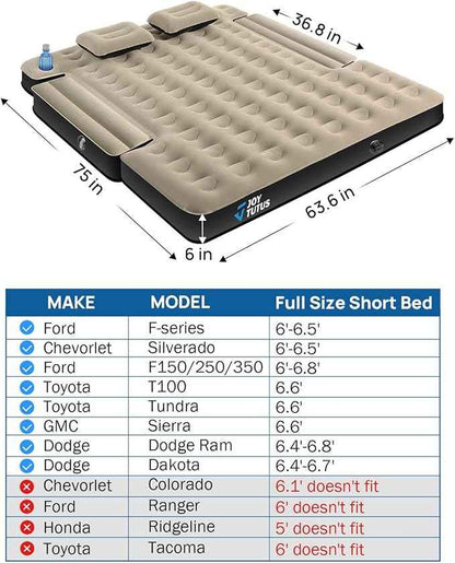 JOYTUTUS Truck Bed Air Mattress for 6.4-6.7Ft, Full Size Regular Beds for Pickup Outdoor Camping, Truck Tent Accessories with Carry Bag & Cup Holder & Cavity Design, Camel&Black