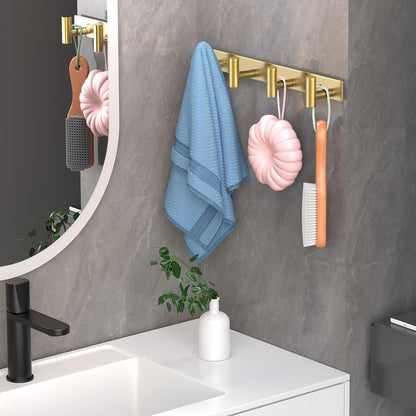 Wall Mounted Coat Rack-4 Hooks, Heavy Duty Stainless Steel Hook Rail for Towel Coat Hat Purse Bag Jacket, Towel Hooks for Entryway Bathroom Kitchen (Gold 4 Hooks - 1 Pack)