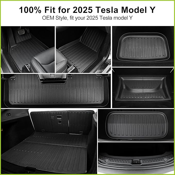 Floor Mats for 2025 2026 Tesla Model Y Juniper, 8PCS All Weather Full Set Cargo Liners Accessories, 3D TPE Odorless Floor Mat Trunk Frunk Rear Well Mats Custom for 5-Seater(Not Fit 7Seat)