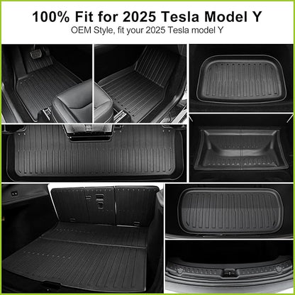 Floor Mats for 2025 2026 Tesla Model Y Juniper, 8PCS All Weather Full Set Cargo Liners Accessories, 3D TPE Odorless Floor Mat Trunk Frunk Rear Well Mats Custom for 5-Seater(Not Fit 7Seat)