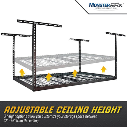 MonsterRax Overhead Garage Storage Racks 4x6, Ceiling Mounted Shelving, Adjustable Hanging Storage Organizer, Heavy Duty Steel, Holds 500 Pounds, Color: Hammertone, Adjusts 12"-21” off Ceiling