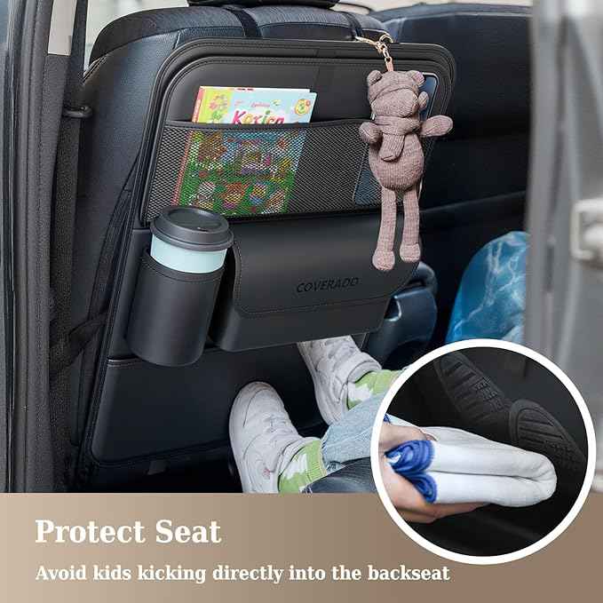 Coverado Car Backseat Organizer(2 Packs) with Tablet Tray, Nappa Leather Organizer for Car Seat Back, Waterproof Car Seat Organizer with Touch Screen, Seat Protector Kick Mats for Kids